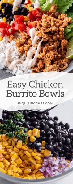 an easy chicken burrito bowl with black beans and corn