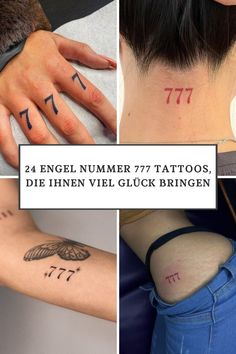 four different tattoos on the back of women's arms and hands, including one with numbers