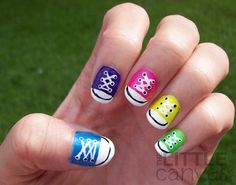 COOL converse nails . Really easy and mainly for teens and pre teens . I think you would need SOME speacial brushes . Converse Nail Art, Nail Art Funky, Sneaker Nails, Converse Nails, Ten Nails, Funky Nail Art, Nail Art Pictures, Fingernail Designs, Colorful Nail Art