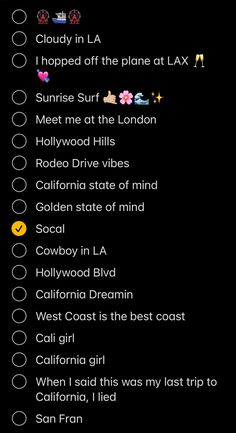 an image of a list with the names of things to do in california on it