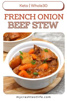 the recipe for french onion beef stew is shown