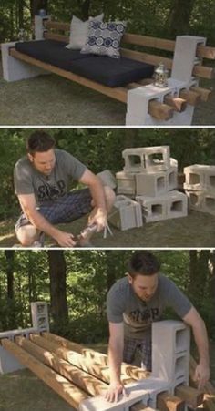 the man is building his own bed out of pallet wood and cinder blocks that are stacked on top of each other