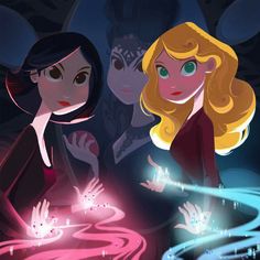 two cartoon girls are looking at something in the dark with glowing lights on their hands