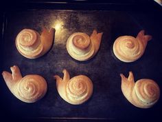 six small pastries sitting on top of a cookie sheet in the shape of snails