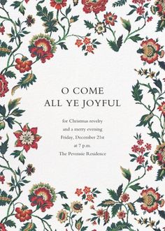 the front cover of an all ye joyful christmas card with red flowers and green leaves