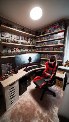 a gaming room with a desk and chair