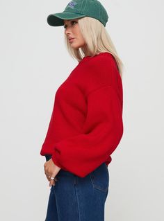 Sweater  Knit material, round neckline, ruched at neckline, hem & cuffs, oversized fitting  Non-stretch material, unlined  60% cotton 40% acrylic  Cold hand wash Red Knit Tops With Ribbed Cuffs, Chunky Knit Cropped Sweater With Crew Neck, Red Crew Neck Knit Top, Oversized Crew Neck Knit Top With Ribbed Cuffs, Oversized Knit Top With Ribbed Cuffs And Crew Neck, Red Sweater With Ribbed Cuffs And Relaxed Fit, Oversized Red Ribbed Sweater, Red Trendy Sweater With Relaxed Fit, Trendy Red Sweater With Relaxed Fit