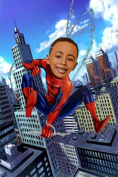 a caricature of spider - man hanging from a building in the city with skyscrapers