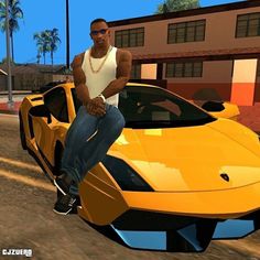 a man sitting on the hood of a yellow sports car in gta san francisco