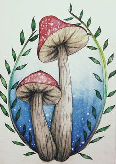 a drawing of two mushrooms with leaves around them