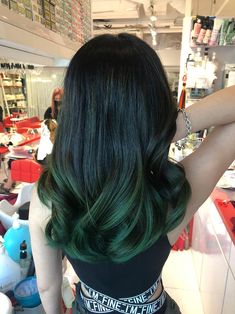 Balayage Green Hair, Evergreen Hair Color, Black Hair With Green Ends, Sage Green Hair Color, Green Hair Tips, Dark Green Balayage, Olive Green Hair Color, Green Highlights In Black Hair