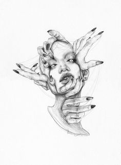 a pencil drawing of a woman's face with her hands on her head and fingers outstretched