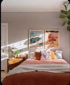 a bed sitting in a bedroom next to two pictures on the wall and a plant