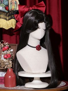 Step into the elegance of a bygone era with this exquisite wig, reminiscent of the Showa-period songstresses. The long, straight black hair coupled with naturally curved bangs creates a stunning and authentic vintage aesthetic. Perfect for those looking to channel a glamorous, retro atmosphere, this wig helps you transform into a timeless beauty, as if you've just stepped out of a classic magazine. Whether for cosplay, special events, or adding a touch of nostalgia to your everyday look, this wi Curly Hair To The Side, Alt Wig Hairstyles, Alternative Hair Wigs, 1970s Hairstyles For Long Hair, Styled Wigs, Black Hair Styles, Cute Goth Wigs, Kawaii Wigs Black, Trad Goth Wigs Black