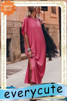 Pink Crew Neck Bat Sleeve Maxi T-shirt Dress Casual Plain Maxi Dress For Spring, Oversized Solid Color Summer Maxi Dress, Oversized Solid Color Maxi Dress For Summer, Casual Plain Maxi Dress For Summer, Summer Dress With Side Slits And Crew Neck, Summer Dresses With Side Slits And Crew Neck, Plain Pink Summer Dress, Spring Short Sleeve Plain Maxi Dress, Casual Spring Maxi Dress With Side Slits