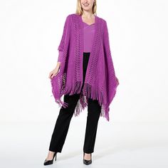 Antthony Fringe Sweater Topper  Made from a soft acrylic sweater knit yarn, Antthony's stunning ruana wrap provides seasonless beauty and lightweight warmth for day or evening. The open crochet detail gives it a unique boho style that complements everything from jeans to dress pants to dresses. One Size Acrylic Yarn Cardigan For Fall, Knit Shawl For Fall, Knitted Shawl Sweater, Elegant Knit Poncho For Fall, One Size Knit Shawl For Fall, One Size Acrylic Shawl For Fall, Winter Shawl Knit Cardigan, One Size Knit Shawl Outerwear, One Size Knit Shawl Cardigan