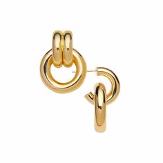 This doorknocker style looks luxe and elegant with a thick double hoop post and interlocked hoop drop. Wear them as a smaller accent when paired with other statement pieces, like necklaces and chokers. - 18k yellow gold plated silver; sterling silver- 1.25" long- Approximately 6.65 grams- Post back Modern Metal Earrings With Gold-tone Hardware, Gold Metal Jewelry With Gold-tone Hardware, Chic Round Jewelry With Polished Finish, Chic Polished Drop Earrings, Timeless Gold Jewelry With Gold-tone Hardware, Modern Metal Jewelry With Gold-tone Hardware, Formal Gold-plated Jewelry With Gold-tone Hardware, Gold-tone Small Hoop Earrings, Chic Sterling Silver Jewelry With Polished Finish