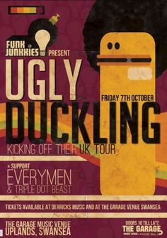 the poster for ugly duckling appearing in front of an orange and purple background with black lettering