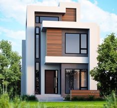 this is a modern style house with lots of windows and wood trimmings on the front