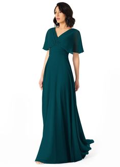 a woman in a long green dress with short sleeves and a v - neckline