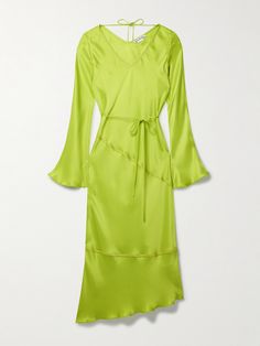 Acne Studios' midi dress is made from lime-green satin that's cut on the bias, so it effortlessly skims your curves and has topstitched seams. The flared seams and lettuce-edged asymmetric hem make it feel fresh. Use the spaghetti ties to define your waist. Green Silk Midi Dress With Bias Cut, Green Bias Cut Midi Dress For Spring, Green Silk Bias Cut Midi Dress, Elegant Lime Green Evening Dress, Acne Studio, Nye Outfits, Acne Shop, Satin Midi Dress, Green Midi Dress