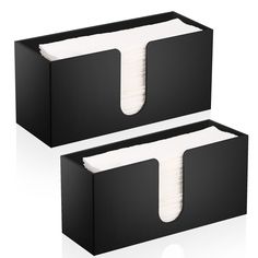 two black file boxes with white dividers on each side and one is open to show the