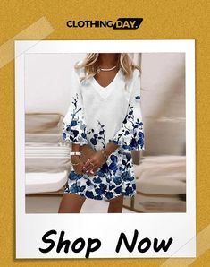 Elegant Women's Casual Floral Print V-neck Mini Dress Spring V-neck Shift Mini Dress, Spring Printed V-neck Dress, Printed V-neck Dress For Spring, Spring V-neck Shift Dress With Notched Neckline, White V-neck Mini Dress For Fall, Spring Mini Dress With Notched Neckline, Flowy Long Sleeve V-neck Dress For Spring, White Printed V-neck Dress, White V-neck Dress For Spring