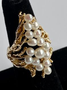 Excellent Vintage Mid Century 16 Pearls ring set in 14k gold branches. Makes quite the statement! Stamped with 14k and unreadable makers mark. Size 6 Weight: 9.9g Ref#JL Pearl Rings In Gold, Pearls Ring, Delivery Guy, Rings In Gold, Gold Branches, Gold Pearl Ring, Tahitian Black Pearls, Fairy Jewelry, Pizza Delivery