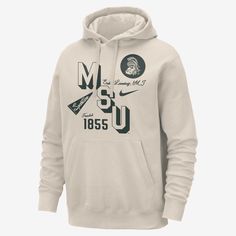 Don't let a little chill come between you and your team. This Michigan State hoodie is full of retro Spartans details set upon warm and cozy fleece. Our midweight brushed fleece feels extra soft on the inside and smooth on the outside, helping you stay cozy while keeping its structured shape. Nike Hoodie For Sports Events, Nike Hoodie With Team Logo For Winter, Nike Fleece Hoodie With Letter Print, Nike Hoodie For Winter Sports Events, Nike Hoodie For Fan Apparel, Nike Hoodie With Team Logo For Sports Events, Nike White Hoodie For Sports Events, Casual Logo Print Hoodie For Fans, Collegiate Winter Hoodie With Logo Print