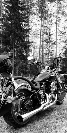 two motorcycles parked next to each other in front of some trees and grass with one motorcycle on the ground