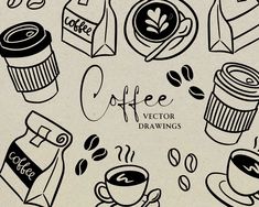 coffee cups and beans are drawn on a piece of paper