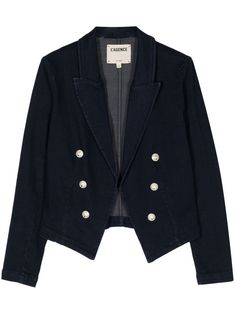 indigo blue cotton blend denim stretch-design embossed silver-tone buttons peak lapels open front long sleeves high-low hem Blazer Blue, Versace Outfit, Yoko London, City Dress, Denim Blazer, Summer Beach Wear, Indigo Blue, High Low Hem, Outerwear Women