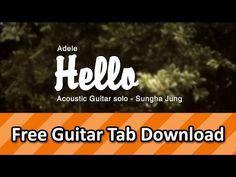 a guitar tab with the words hello on it and an orange striped background in front of trees