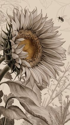 a drawing of a sunflower with bees flying around it and another bee in the background