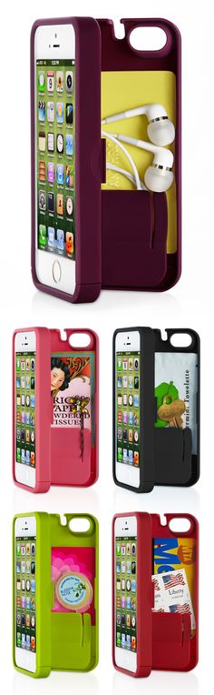 four different colored cases with earphones attached to the back of each case, one for an iphone