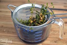 a strainer filled with plants on top of a wooden table