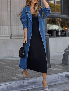 Urban Pockets  Plain Lapel Collar Denim Coat Womens Denim Duster, Long Denim Jacket, Moda Denim, Denim Trench Coat, Blue Trench Coat, Long Jeans, Style Upgrade, Loose Outfit, Turndown Collar