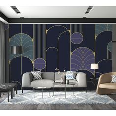 a modern living room with blue and gold wallpaper