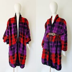 Such a cozy and slouchy fit, with a bold red & purple plaid knit on this open-front sweater jacket.  By IB Diffusion- tagged Sz. M but fits M-L. Big shoulder pads, can easily be removed for a more relaxed fit. Acrylic/nylon/mohair blend.  Condition: excellent.  FOLLOW US ON INSTAGRAM FOR DEALS AND SNEAK PEEKS! @Wildthingvintage instagram.com/wildthingvintage Twitter: @Wildthingpeck Message me any time for further details or questions. Please note there is a 10% restocking fee on orders cancelled prior to shipment. Returns are upon a case by case basis, and only if the item is not as described. I will happily expedite or overnight shipping at cost upon request. Standard shipping to the US and Canada is 2 weeks. Interested in more than one treasure? Message me for a discount on multiple orde Oversized Purple Outerwear For Fall, Oversized Purple Cardigan For Fall, Oversized Purple Fall Cardigan, Oversized Plaid Long Sleeve Cardigan, Oversized Plaid Winter Cardigan, Oversized Plaid Cardigan For Winter, Cozy Oversized Purple Outerwear, One Size Purple Winter Outerwear, Oversized Plaid Sweater For Winter