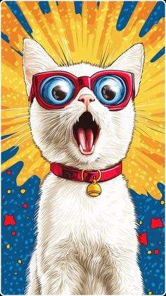 a white cat with red glasses and a bell around its neck is making a funny face