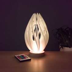 an illuminated lamp sitting on top of a table next to a remote control and potted plant