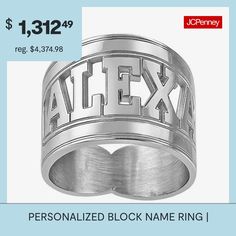 A modern take on the classic personalized ring, this all-caps design makes your name stand out. Made in America.Metal: 14K yellow or white gold, 10K yellow or white gold, 14K yellow gold over sterling silver or sterling silverDimensions: 16mmPersonalize: Up to 7 block lettersCare: Wipe CleanCountry of Origin: Made in USJewelry photos are enlarged to show detail.Disclaimer: Metal may be rhodium plated to enhance appearance and reduce tarnishing. Modern Personalized Initial Ring, Modern Personalized Name Jewelry, Modern Custom Name Jewelry For Personalized Gift, Customizable Modern Ring Jewelry, Customizable Modern Jewelry Ring, Modern Monogram Jewelry For Anniversary, Modern Customizable Jewelry Ring, Classic Rings With Custom Name For Personalized Gift, Classic Custom Name Rings For Personalized Gift