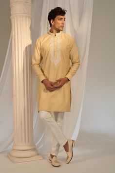 Yellow longline Nehru jacket with contrasting floral pattern aari tilla embroidery. Comes with embroidered placket kurta and pant. - Aza Fashions Designer Embroidered Border Bandhgala, Designer Kurta With Resham Embroidery And Stand Collar, Stand Collar Kurta With Resham Embroidery, Designer Resham Embroidery Kurta With Stand Collar, Bandhgala With Chikankari Embroidery For Eid, Eid Bandhgala With Chikankari Embroidery And Stand Collar, Traditional Kurta With Chikankari Embroidery And Stand Collar, Embroidered Stand Collar Kurta For Eid, Diwali Embroidered Long Sleeve Bandhgala