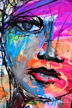 an abstract painting of a woman's face with bright colors and black lines on it