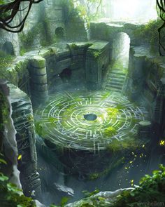 a painting of a maze in the middle of a forest with lots of green plants