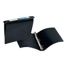 a black binder is open on top of a white background and has a clipboard attached to it