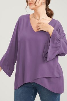 Purple Asymmetrical Ruffles Sleeve Crisscross Hem Blouse Summer Asymmetrical Hem Solid Color Blouse, Asymmetrical Hem Solid Color Summer Blouse, Summer Blouse With Asymmetrical Hem, Asymmetrical Solid Color Blouse, Chic Blouse With Asymmetrical Neckline, Chic Asymmetrical Solid Color Blouse, Chic Asymmetrical Solid Blouse, Chic Blouse With Asymmetrical Hem And Solid Color, Spring Blouse With Ruffles And Asymmetrical Hem