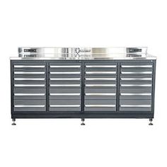 the large tool cabinet has many drawers on each side and two metal bins at the top