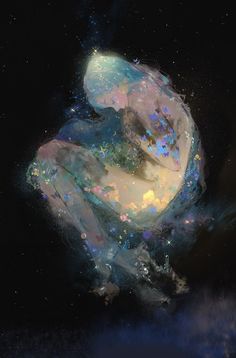 an abstract painting of a woman sitting in the middle of space with stars around her