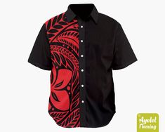 "IF YOU NEED YOUR ITEMS TO ARRIVE BY SPECIFIC DATE PLEASE UPGRADE TO EXPRESS SHIPPING AT THE CART. This gorgeous Hawaiian/Polynesian short sleeve men's black dress shirt is featuring red tribal design on black background. If you would rather this shirt was in another color or combination of colors please get in touch and let me know and I will do my best to accommodate you. This unique and eye catching men's dress shirt with short sleeves is the perfect shirt for daytime or evening casual wear. Black Hawaiian Shirt With Graphic Print, Fitted Black Hawaiian Shirt With Short Sleeves, Fitted Black Printed Hawaiian Shirt, Black Button Up Shirt Men, Black Dress Shirt Men, Button Up Shirt Men, Black Dress Shirt, Black Button Up Shirt, Mens Dress Shirts